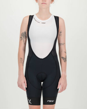 Front view of the Enjoy ProXision womens cargo bib short in the black colourway made by enjoy.cc