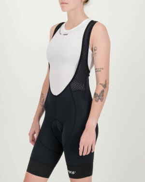 Side view of the Enjoy ProXision womens cargo bib short in the black colourway made by enjoy.cc