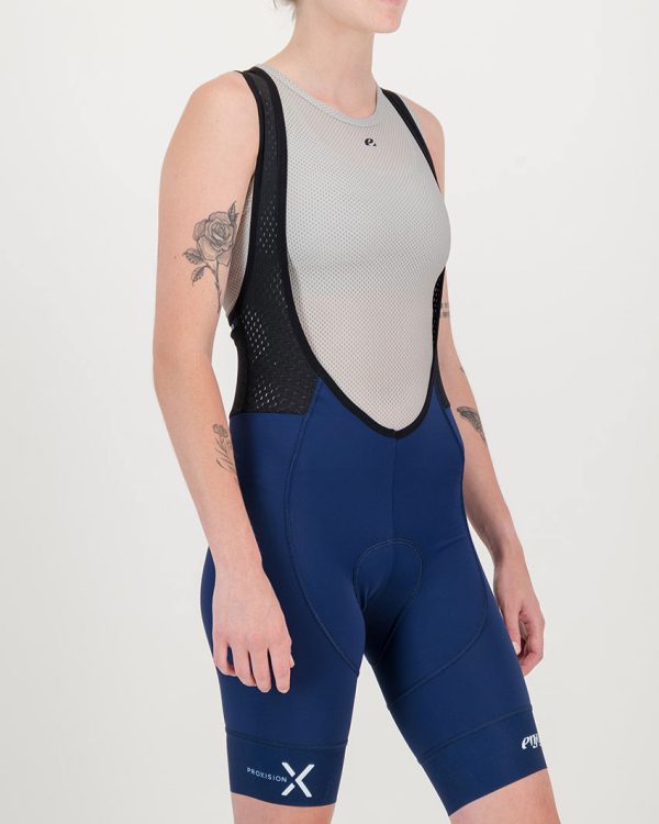 3qtr view of the Enjoy ProXision womens cargo bib short in the navy colourway made by enjoy.cc