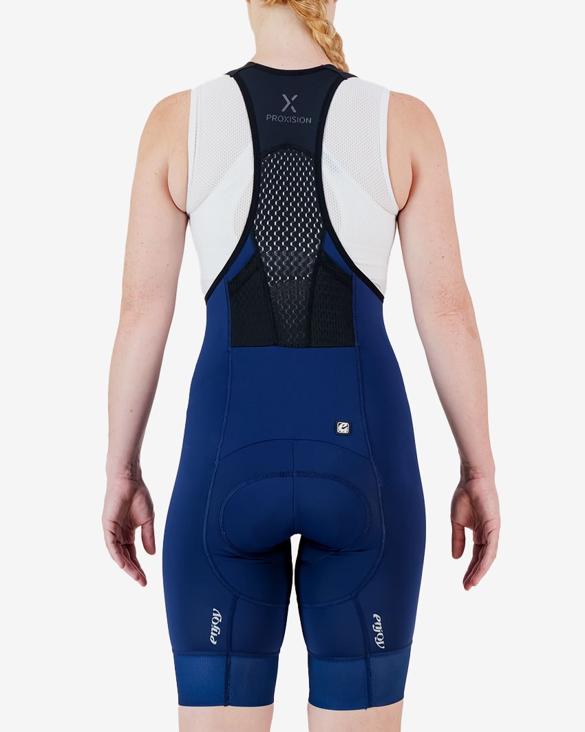 Back view of the Enjoy ProXision womens cargo bib short in the navy colourway made by enjoy.cc