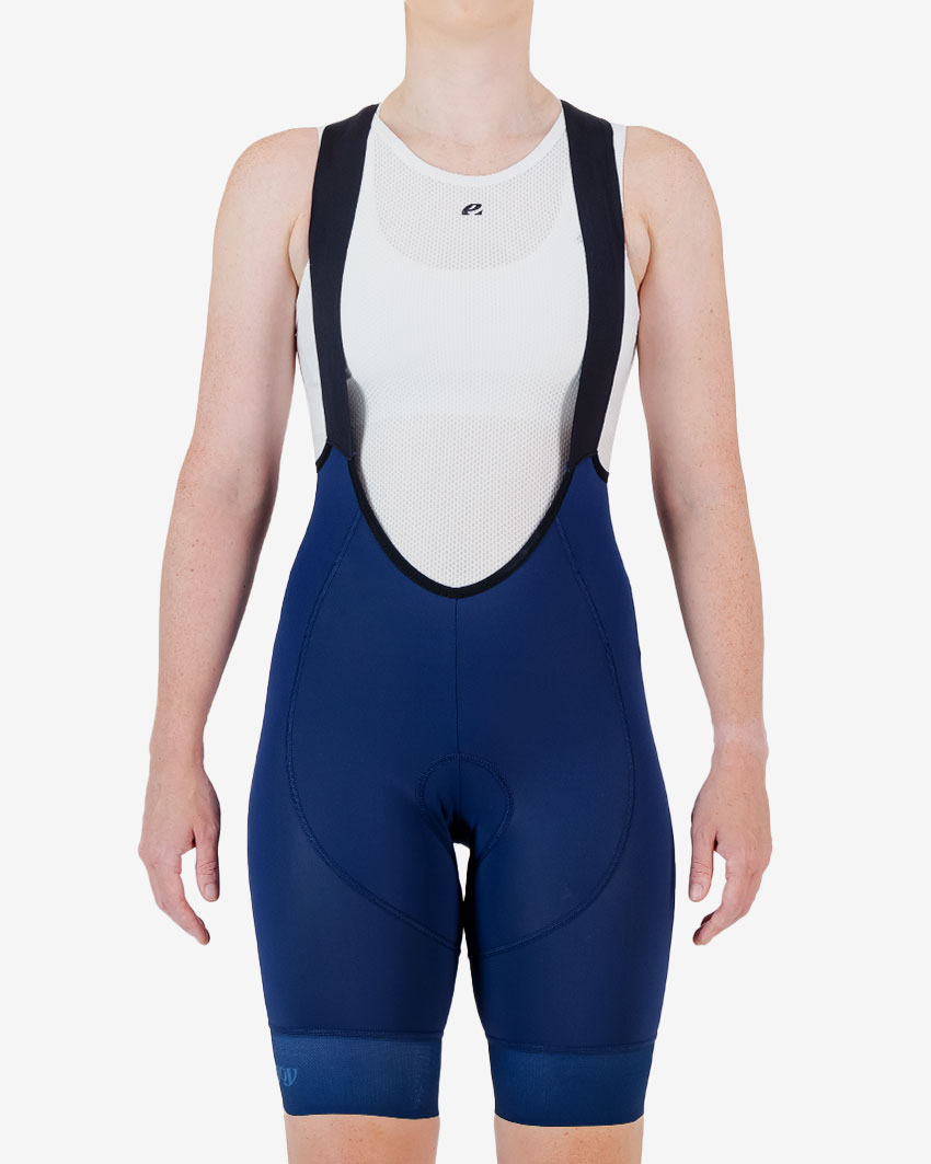 Front view of the Enjoy ProXision womens cargo bib short in the navy colourway made by enjoy.cc
