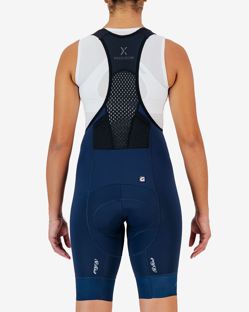 Back view of the Enjoy ProXision womens cargo bib short in the petrol colourway made by enjoy.cc