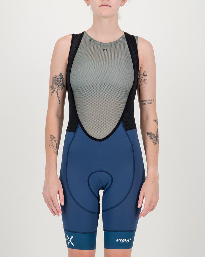 Front view of the Enjoy ProXision womens cargo bib short in the sebino colourway made by enjoy.cc