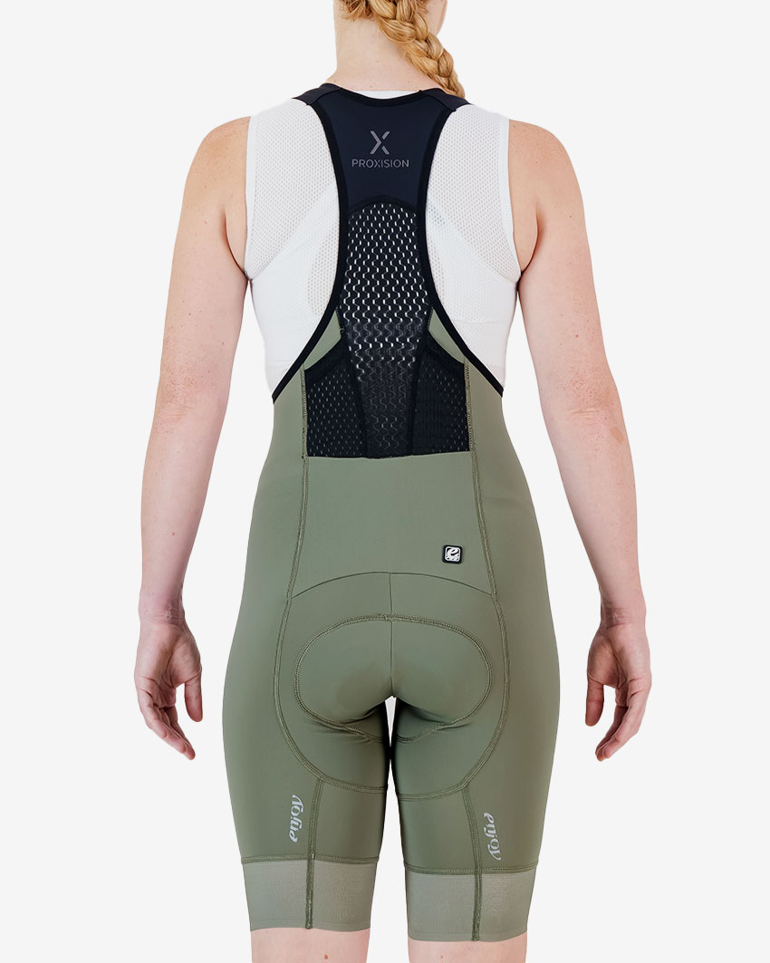 Back view of the Enjoy ProXision womens cargo bib short in the thyme colourway made by enjoy.cc