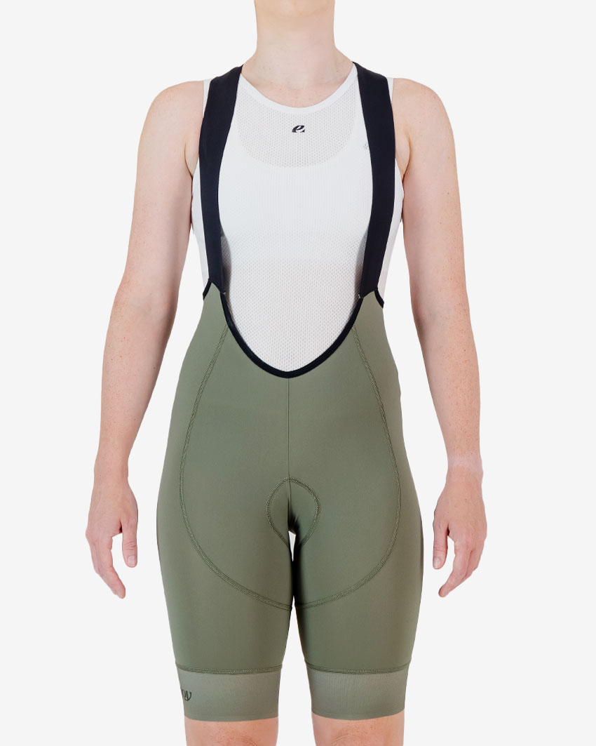 Front view of the Enjoy ProXision womens cargo bib short in the thyme colourway made by enjoy.cc