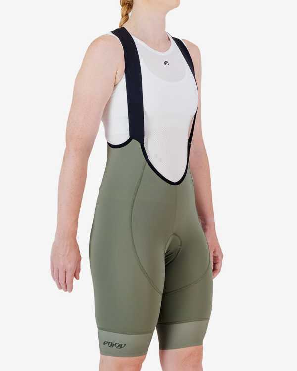3qtr view of the Enjoy ProXision womens cargo bib short in the thyme colourway made by enjoy.cc