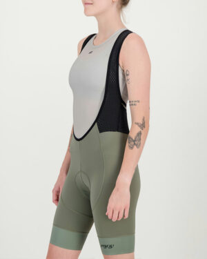 Side view of the Enjoy ProXision womens cargo bib short in the thyme colourway made by enjoy.cc