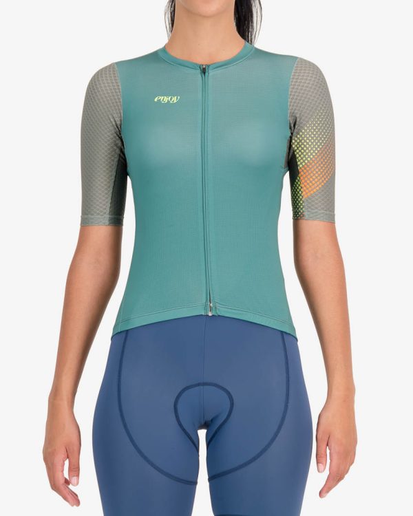 Front view of the Enjoy ProXision womens cycling jersey in the Ascendant green design from Enjoy.cc