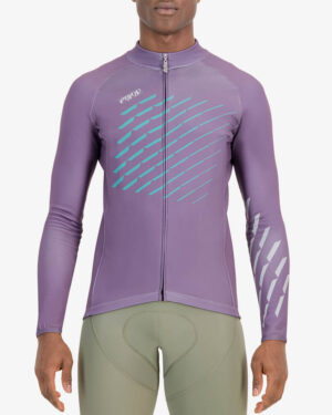 Front of the mens fleeced cycling jersey in the Chevron plum design made by enjoy.cc