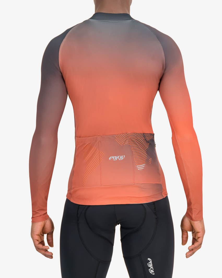 Back of the mens long sleeve Supremium cycling jersey in the Origins design made by enjoy.cc