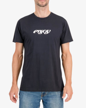 Front of the Enjoy mens t-shirt in the Enjoy 2023 black design. 100% cotton t-shirt by enjoy.cc