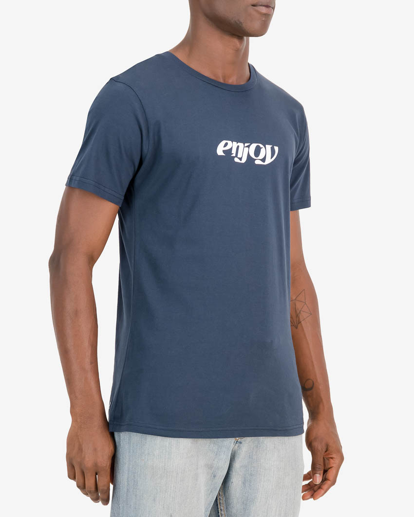 Back of the Enjoy mens t-shirt in the Enjoy 2023 navy design. 100% cotton t-shirt by enjoy.cc