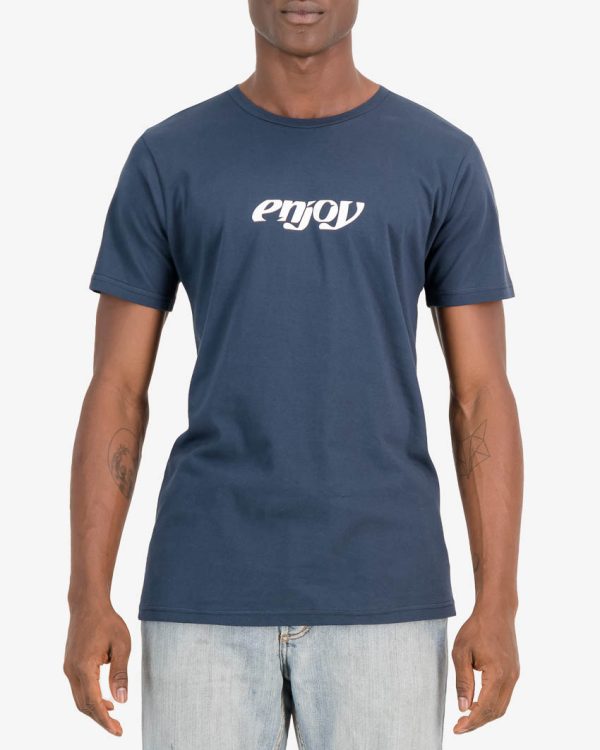 Front of the Enjoy mens t-shirt in the Enjoy 2023 navy design. 100% cotton t-shirt by enjoy.cc