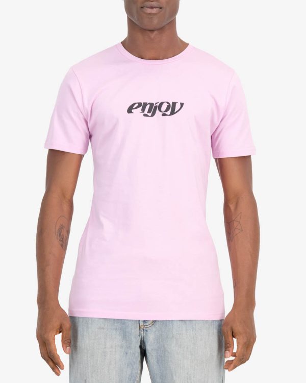 Front of the Enjoy mens t-shirt in the Enjoy 2023 pink design. 100% cotton t-shirt by enjoy.cc