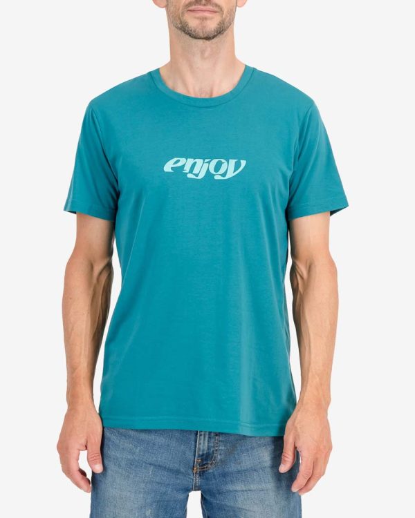 Front of the Enjoy mens t-shirt in the Enjoy 2023 teal design. 100% cotton t-shirt by enjoy.cc