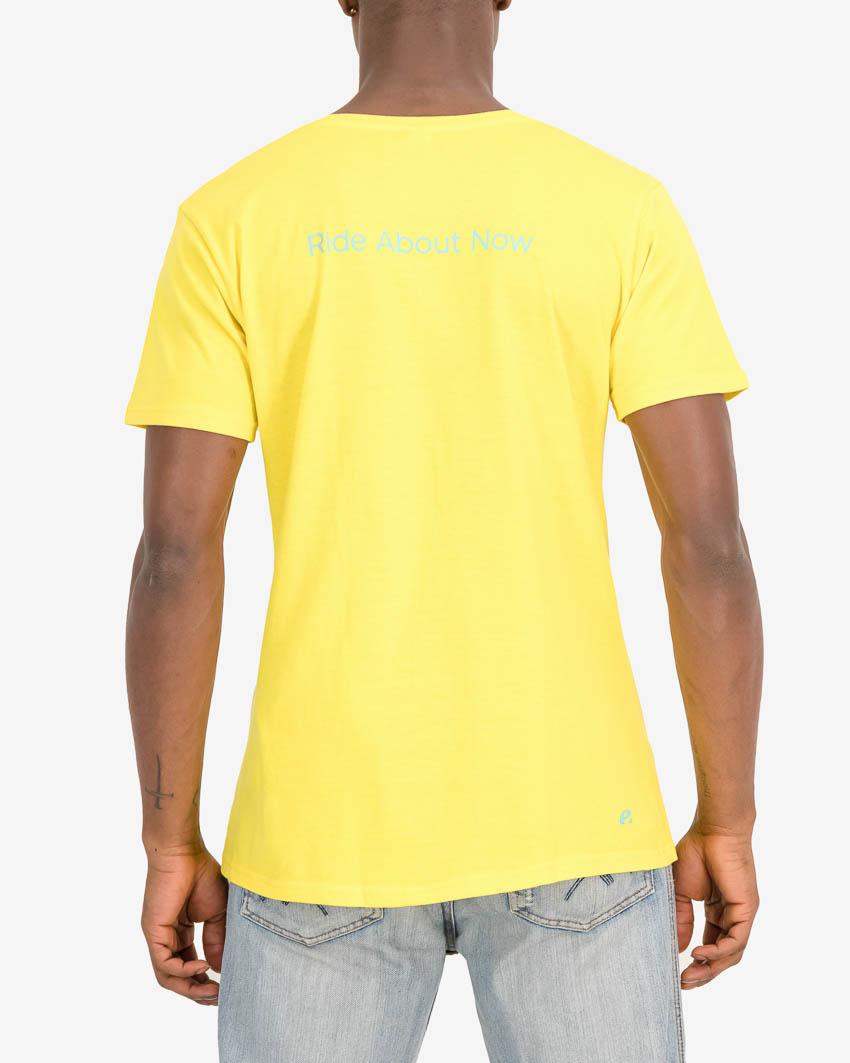 Back of the Enjoy mens t-shirt in the Enjoy 2023 yellow design. 100% cotton t-shirt by enjoy.cc