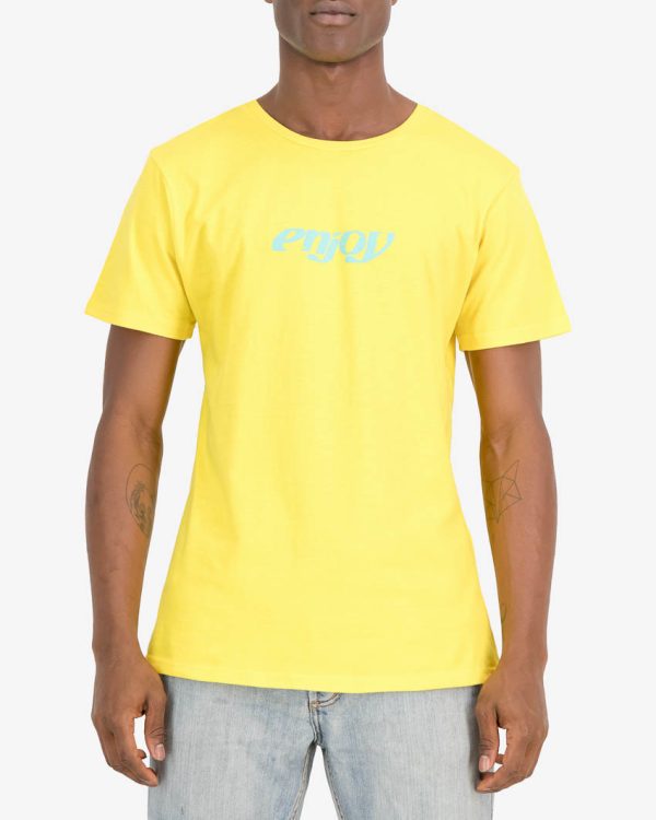 Front of the Enjoy mens t-shirt in the Enjoy 2023 yellow design. 100% cotton t-shirt by enjoy.cc