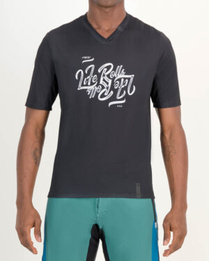 Front of the Enjoy mens trail tee in the Life Rolls black design. Made by enjoy.cc