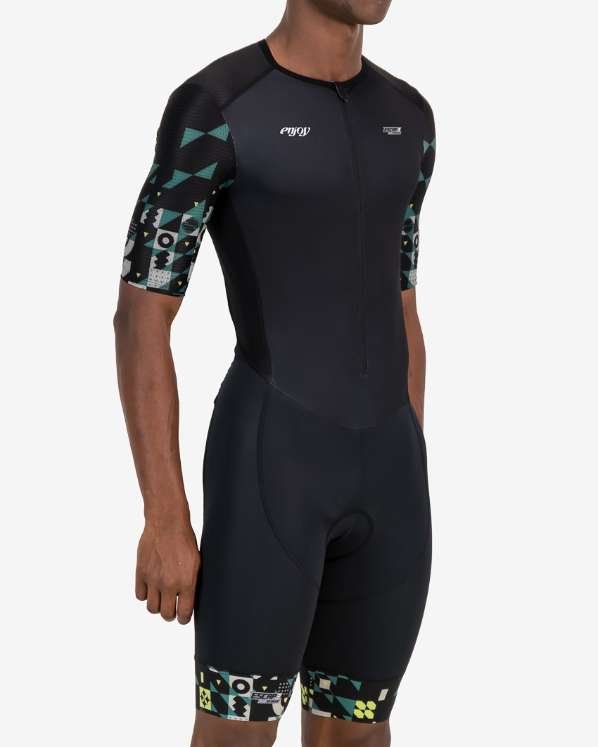 Side of the mens sleeved tri suit in the Full Monte design. Triathlon clothing made by Enjoy.cc