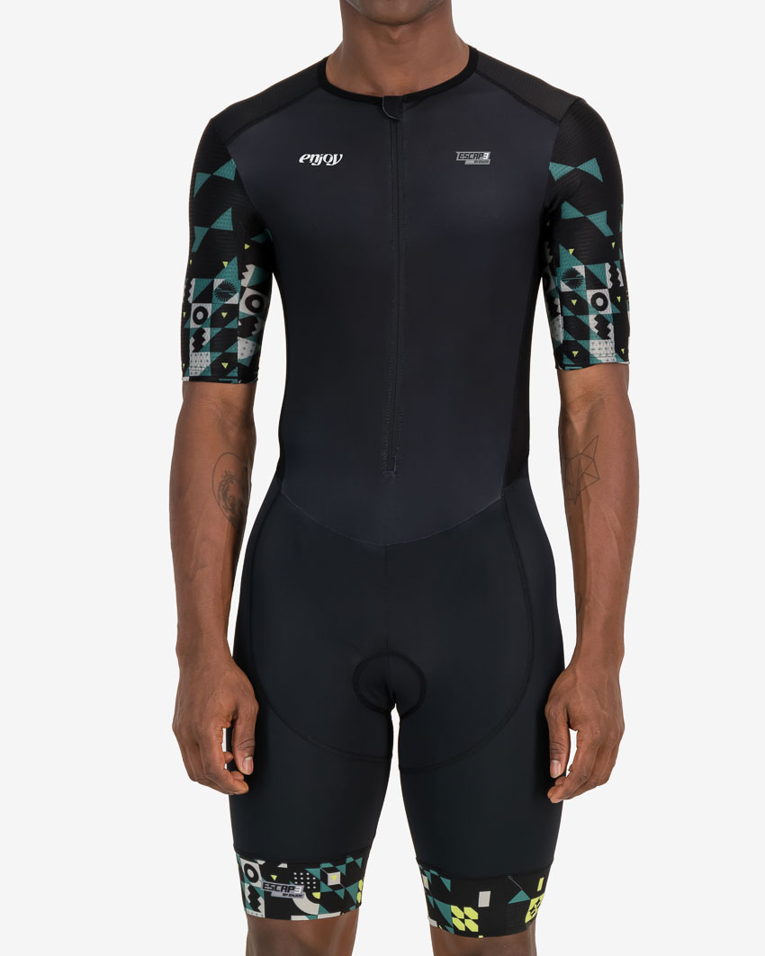 Front of the mens sleeved tri suit in the Full Monte design. Triathlon clothing made by Enjoy.cc