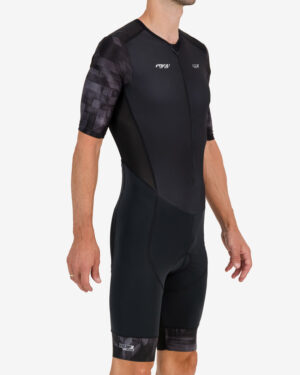Three quarter of the mens sleeved tri suit in the Pace design. Triathlon clothing made by Enjoy.cc