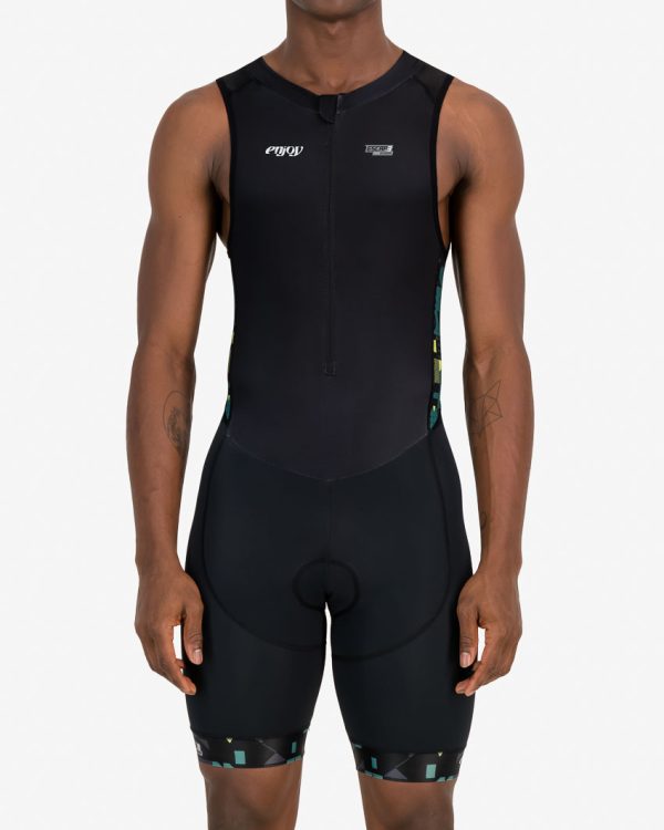 Front of the mens sleeveless tri suit in the Full Monte design. Triathlon clothinh by Enjoy.cc