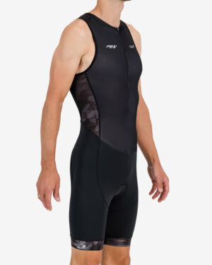 Side of the mens sleeveless tri suit in the Pace design. Triathlon clothing made by Enjoy.cc