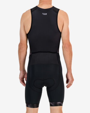 Back of the mens sleeveless tri suit in the Pace design. Triathlon clothing made by Enjoy.cc