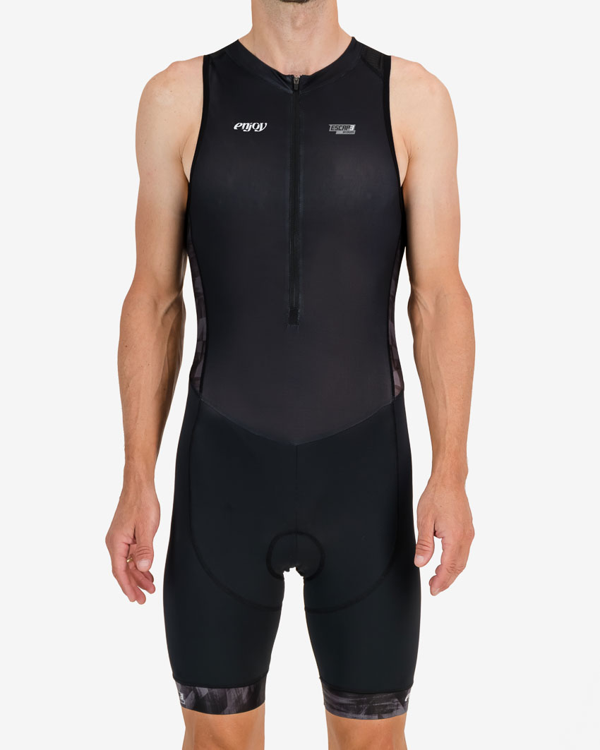 Front of the mens sleeveless tri suit in the Pace design. Triathlon clothing made by Enjoy.cc