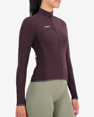 Side of the womens fleeced cycling jersey in pinotage with reflective detailing made by enjoy.cc