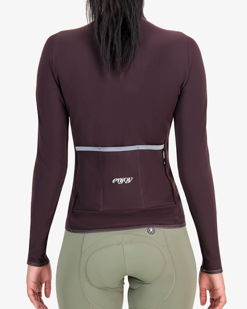 Back of the womens fleeced cycling jersey in pinotage with reflective detailing made by enjoy.cc