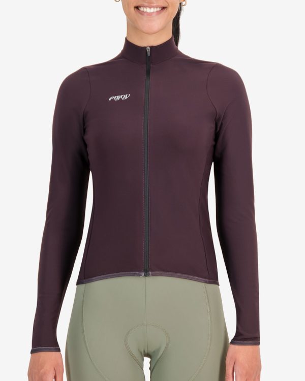 Front of the womens fleeced cycling jersey in pinotage with reflective detailing made by enjoy.cc