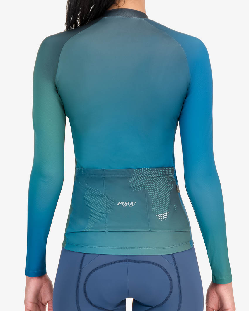Back of the womens long sleeve Supremium cycling jersey in the Origins design made by enjoy.cc