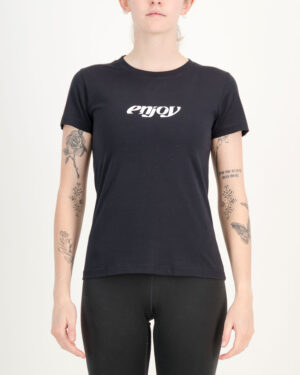 Front of the Enjoy womens t-shirt in the Enjoy 2023 black design. 100% cotton t-shirt by enjoy.cc