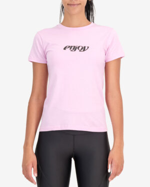 Front of the Enjoy womens t-shirt in the Enjoy 2023 pink design. 100% cotton t-shirt by enjoy.cc