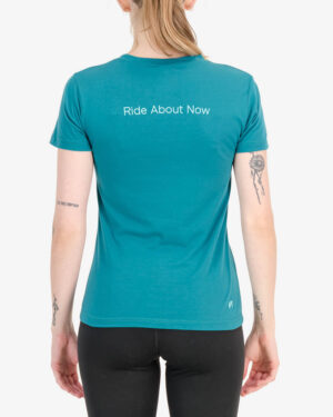 Back of the Enjoy womens t-shirt in the Enjoy 2023 teal design. 100% cotton t-shirt by enjoy.cc