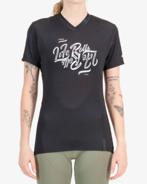 Front of the Enjoy womens trail tee in the Life Rolls black design. Made by enjoy.cc