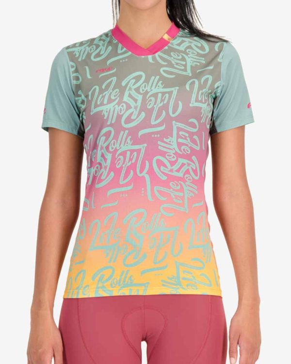 Front of the Enjoy womens trail tee in the Life Rolls colour block design. Made by enjoy.cc