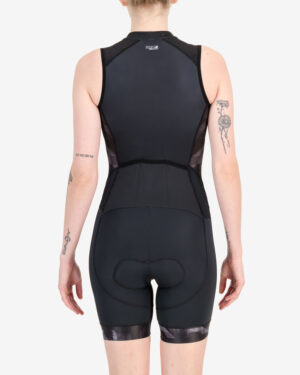 Side of the womens sleeveless tri suit in the Pace design. Triathlon clothing made by Enjoy.cc
