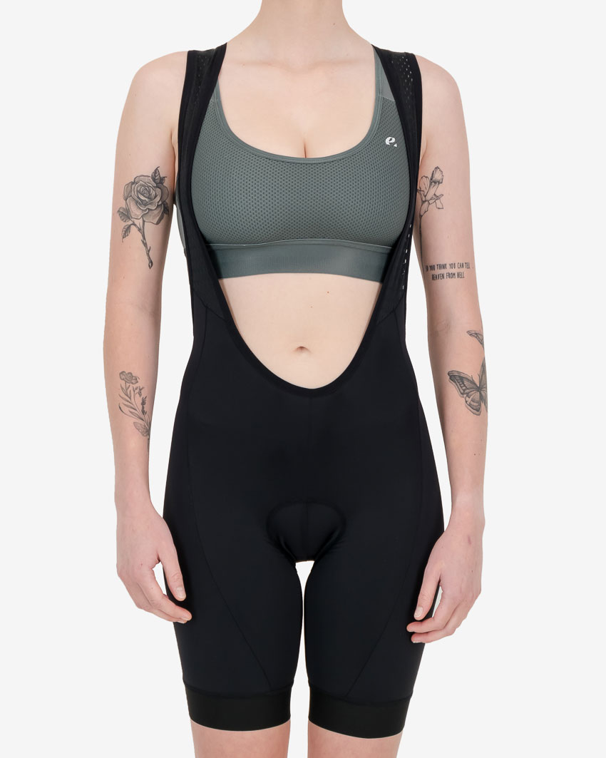 Front view of the black dual womens bib short part of the Enjoy cycling apparel range.