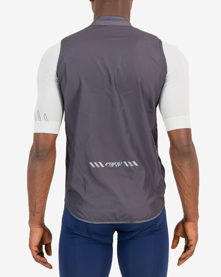 Back view of the mens slate water resistant atom gilet with reflective detail made by Enjoy.cc