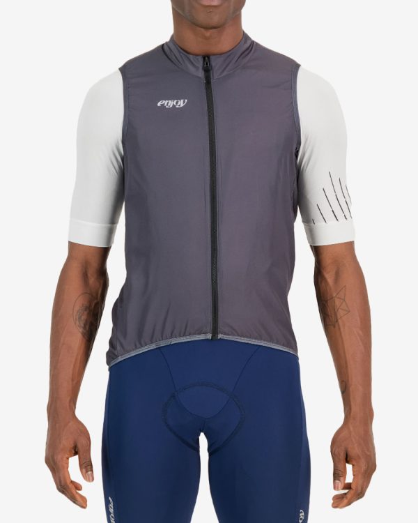 Front view of the mens slate water resistant atom gilet with reflective detail made by Enjoy.cc