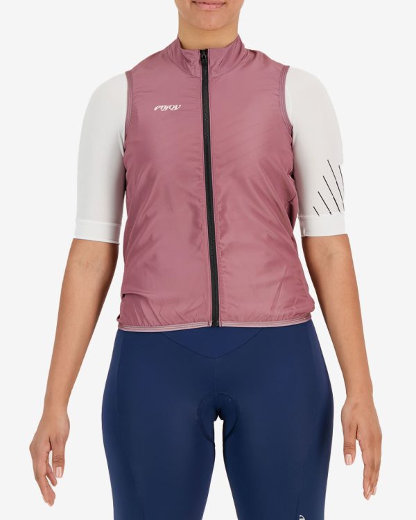 Front view of the womens mauve water resistant atom gilet with reflective detail made by Enjoy.cc