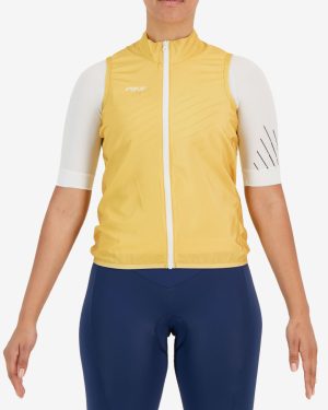 Front view of the mens yellow water resistant atom gilet with reflective detail made by Enjoy.cc