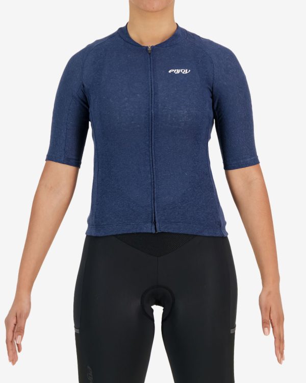Front view of the womens navy Hempie cycling jersey design made by Enjoy.cc