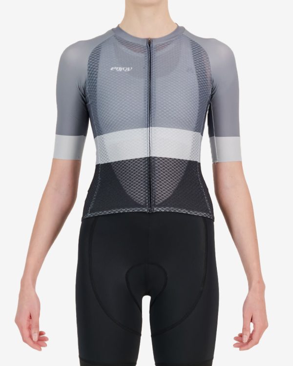 Front view of the womens climber cycle top in the greyscale block design made by Enjoy.cc
