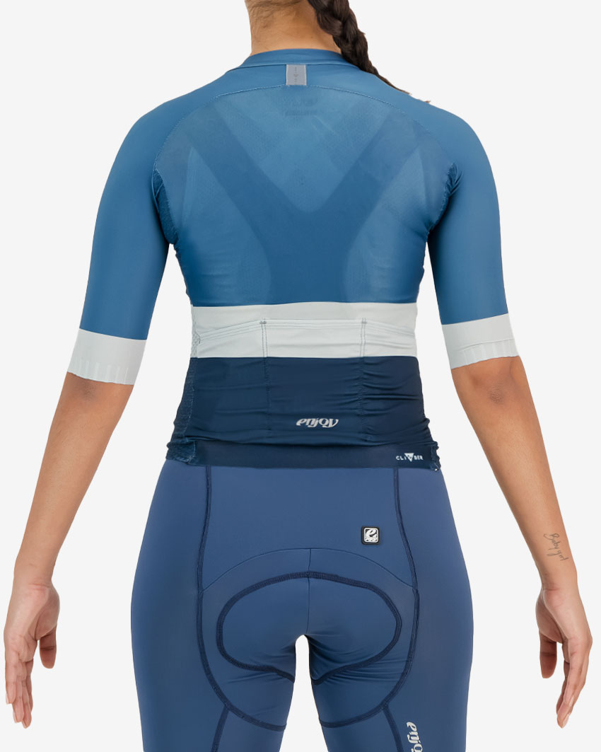 Back view of the womens climber cycle top in the marine block design made by Enjoy.cc