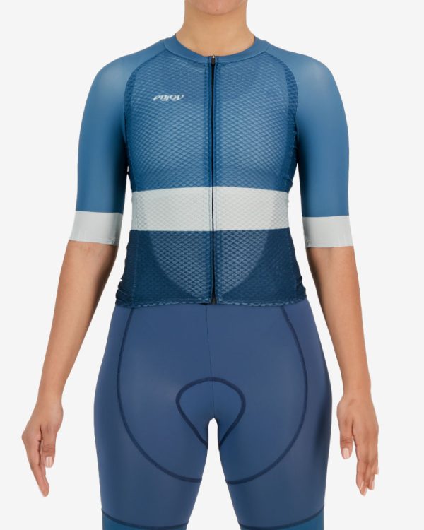 Front view of the womens climber cycle top in the marine block design made by Enjoy.cc