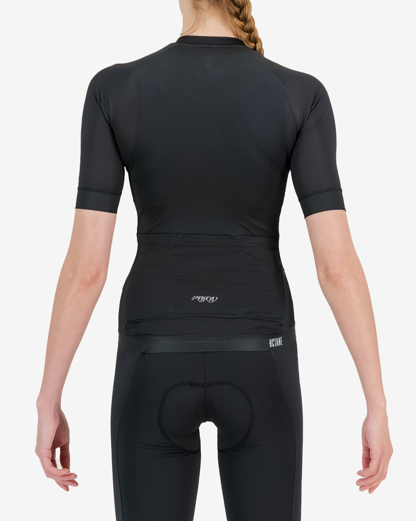 Back view of the womens octane cycle jersey in the black chevron design made by Enjoy.cc