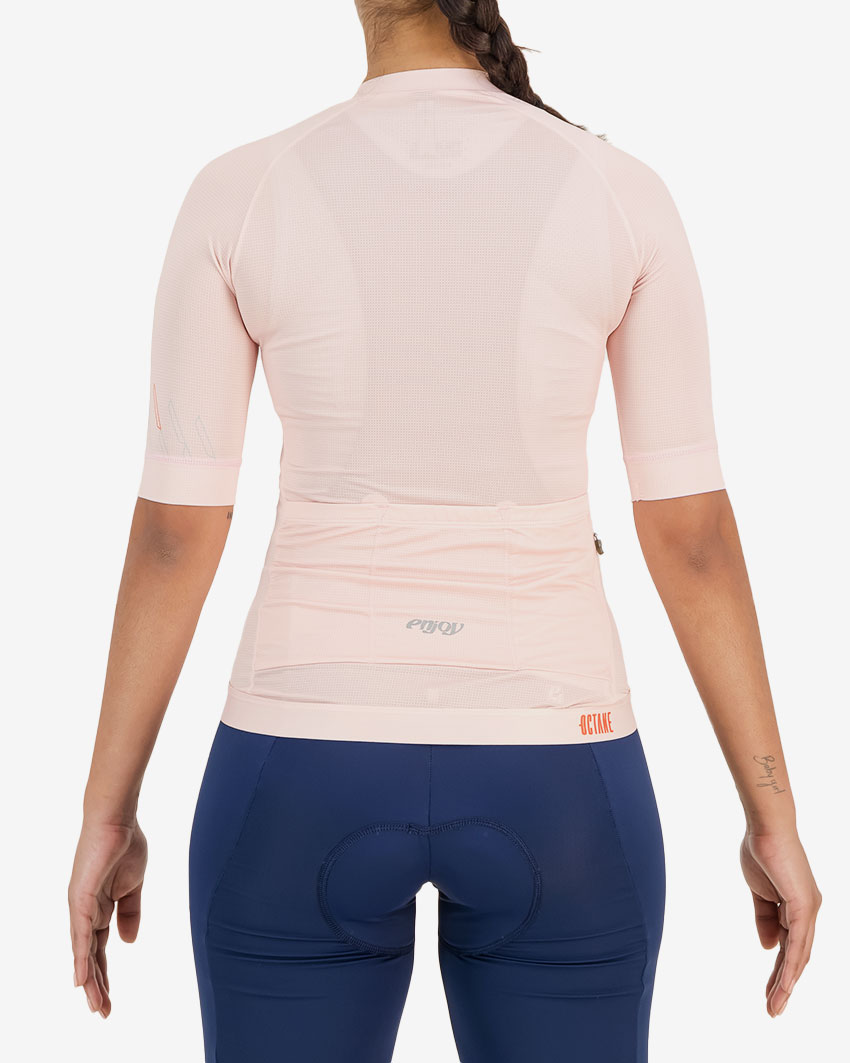 Back view of the womens octane cycle jersey in the blush chevron design made by Enjoy.cc